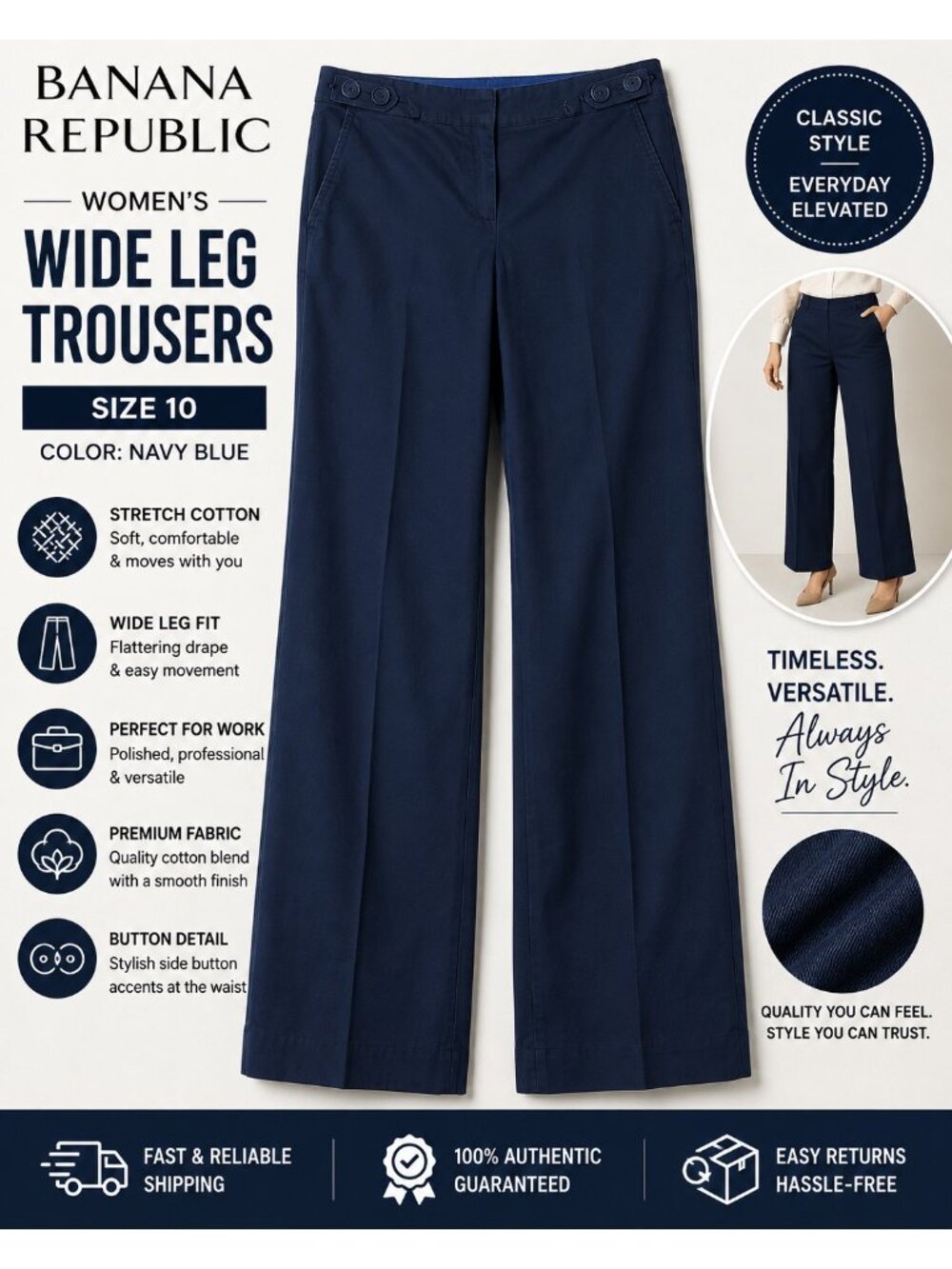 Banana Republic Trousers Womens 10 Navy Blue Wide Leg Stretch Cotton Pants